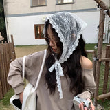 DAIIIBABYYY  -  Korean Lace Floral Hair Scarf female flower white sweet Triangle Scarf Summer Thin Breathable Travel Photo Headband head Scarf