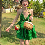 DAIIIBABYYY  -  Summer Fashionable Hollow Out Ruffles Solid Color V-neck Mini Dress Femme Lolita Sweet Pleated Women Clothing Slim Sexy Dress