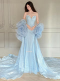 Daiiibabyyy  Luxury Blue Evening Dresses for Women Beaded Wedding Guest Mermaid Sweep Train Celebrity Dress Sequin Crystal vestidos de gala