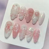 Daiiibabyyy  24Pcs Blue Pink Smudge False Nails Press on Bow Flower Butterfly Star Full Cover Nails Tips Mid-length Almond Wearable Fake Nail