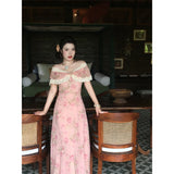 Daiiibabyyy  Vintage Floral Midi Dress Women Elegant Slash Neck Lace Dresses Summer Vacation Korean Sexy Off Shoulder Bodycon A Line Vestidos