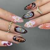 Daiiibabyyy  24pcs Wearable Fake Nails Pink Long Almond False Nail Flower Starfish Pattern Design Press on Nails Pearl Full Cover Nail Tips