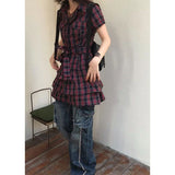 DAIIIBABYYY  -  Summer Y2k Aesthetic Plaid Vintage Slim Dress Single Breasted Mini Shirt Dresses Harajuku Bandage Grunge Punk Ruffled Vestidos