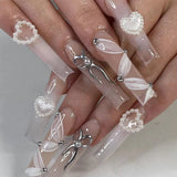 Daiiibabyyy  24Pcs Blue Long False Nails Butterfly Ballet French Cartoon  Wearable Fake Nails Full Cover Design Press on Nails Tips Art
