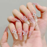 Daiiibabyyy  10pcs Handmade Press On Nails Almond 3D Crystal Butterfly False Nails Decor Glitter French Tip Fake Nails Elegant Blush Nail Art