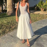 Daiiibabyyy  Women's U Neck Mesh Knitted Patchwork Beach Dress Simple Solid Sleeveless Hollow Out Long Dress High Street Pleated Loose Dress