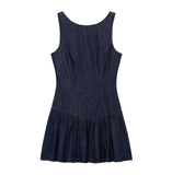 Daiiibabyyy  Sexy O collar Denim Mini Tank Dress Women Backelss Low Waist Lined Ruched Hem Swing Sleeveless Dresses Summer Robe Vestidos