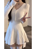DAIIIBABYYY  -  White V-neck Knitted Dress For Women Spring Autumn Slim Fit Sweater Vestidos High Waist Hundred Fold Spicy Girl Short Dresses