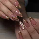 Daiiibabyyy  24Pcs Mid-length Almond False Nails with 3D Irregular Gilding Full Cover Nails Tips Cat's Eye Pearl Wearable Press on Fake Nails