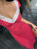 Daiiibabyyy  Black White Polka Dot Lace Trim Heart Neck Puff Sleeve Ruched Waist A-Line Midi Dress