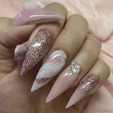 Daiiibabyyy 24Pcs Press on Nails Long Stiletto False Nails with Glitter Powder Pink Marbling Design Fake Nail Tips Reusable Almond Nails Art