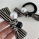 DAIIIBABYYY  -  Celebrity Classic Style Striped Pearl Bow Black and White Color Matching Towel Ring Hair Band Texture Hair Rope Hair Accessories