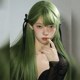 DAIIIBABYYY  -  Star Program Long Hair Wig For Women Brown/green Air Bangs Natural Simulation Black Straight Hair Full Head Cover Style