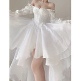 DAIIIBABYYY  -  Fairy White Midi Dress Women Evening Party Prom Slash Neck Irregular Dresses Summer Korean Long Sleeve Bodycon Vestidos