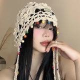 DAIIIBABYY  -  Vintage Bohemian Style Flower Fringed Woven Beanies for Women Summer Outing Versatile Hollow Breathable Fashion Pullover Hats