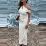 Daiiibabyyy  Elegant Short Sleeve Hollow Long Dress Women Sexy Draped Slim Solid Gown Fashion Hight Waist Slant Shoulder Bodycon Dress