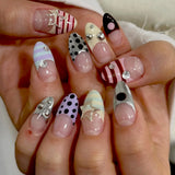Daiiibabyyy  24pcs Y2k Almond Fake Nails Colorful Stripes French Style False Nail Metal Star Pearl Decor Press On Nails Spicy Girl Manicure