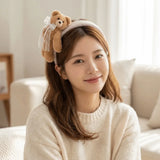 Daiiibabyyy  Pink Hair Clip Plush Bear Headband Lace Bow Soft Cartoon Animal Hair Claw Non-slip Texture Lightweight Hairband Washing Face