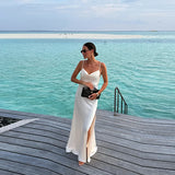 Daiiibabyyy  Women's Elegant Satin V Neck Long Dress Sleeveless Backless High Fork Robes Vacation Beach Maxi Vestidos New Lady Dresses