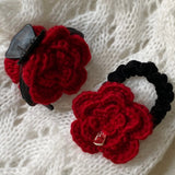 Daiiibabyyy  1pc Elegant Wine-Red Flower Hair Tie with Gold Label & Velvet, French Atmosphere Handmade Wool Rose Claw Clip, New-Style Hair Co