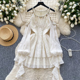 DAIIIBABYYY  -  Elegant Long Flare Sleeve Off Shoulder Vintage O-neck Halter Chic Ruffle Slim Dresses French Evening High Street Autumn Clothing