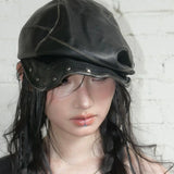 Daiiibabyyy  Spring New Rivet Punk Style Leather Beret Women Hat Pleated Design Spice Girls Fashion Beret Trendy Ladies Cool Chic Beret Hat