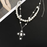 Daiiibabyyy  Charm Elegant Multilayer Imitation Pearl Necklace for Men Women New Goth Jesus Cross Pendant Choker Male Party Jewelry