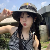 DAIIIBABYYY  -  Cute Bear Cowboy Hats Women Japanese Drawstring Bucket Hat Spring and Summer Outdoor Sunscreen Camping Mountaineering Sun Cap