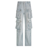 Daiiibabyyy Straight Casual Multi-pocket Paneled Cargo Jeans Women Fashion Washed Wide Leg Pants High-waisted High Street Y2k Trousers