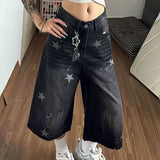 Daiiibabyyy  Women's Clothing American Retro Star Printed Jeans Fashion Ripped Summer Streetwear High Waist Loose Casual Straight Capri Pants