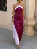 Daiiibabyyy  Women Fashion Color Blocking Split Slim Long Dress Elegant Scarf Waist Sling Maxi Dress Sexy Off shoulder Sleeveless Party Gowns