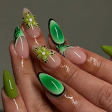 DAIIIBABYYY  -  24pcs Spicy Girl Press on Nails 3D Tropical Flower Green Fake Nails Full Cover Summer Ins French Almond False Nail Patch