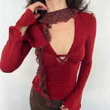 Daiiibabyyy  Retro Spicy Girl Style Niche Instagram High End Lace Patchwork Design Sexy Twisted Hollow Out V-neck Base Shirt