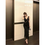 DAIIIBABYYY  -  2025 Lace Patchwork Camisole Dress Women Summer Ruffled Edges Waist Cinching Wrap Around The Buttocks Long Vestidos