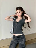 DAIIIBABYYY  -  Spicy Girl Lace Patchwork V-neck Sleeved Bow Gray T-shirt Women Summer Slim Fit Slimming Niche Short Top