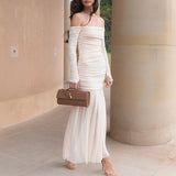 Daiiibabyyy  Fashion Strapless Long Sleeved A-line Dress Office Casual High Waist Pleated Robe Dress Lady One Shoulder Solid Evening Dresses