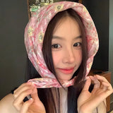 DAIIIBABYYY  -  1pc pastoral resort style thin cherry blossom cotton and linen silk scarf, summer versatile square scarf headscarf headdress