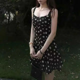 Daiiibabyyy  Black Korean Broken Flowers Slip Dresses Summer Vacation Style Female Clothing Printed Waist A-Line Elegant Vintage Mini Dress