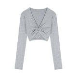 DAIIIBABYYY  -  American Hot Girl Hollow V-neck T-shirt for Women's Spring Long-sleeved Grey Slim Fit Sexy Short Top Fashion Female Clothes