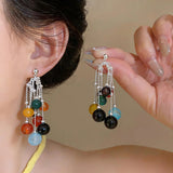 Daiiibabyyy  Multicolor Agate Round Bead Dangle Earrings for Women Multi-layer Silver Color Chain Tassel Earrings Vintage Vacation Jewelry K