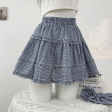 DAIIIBABYYY  -  Sweet Girl Mushroom Edge Splicing Color Contrasting Plaid Half Girls Summer 2025 High Waist A-line Layered Cake Skirt