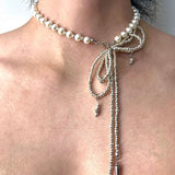 Daiiibabyyy  Beaded Bow Imitation Pearl Strap Necklace Rivets Tassels Round Beads Punk Street Hip-Hop Choker Necklace Design Sense Jewelry