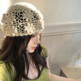 Daiiibabyyy  Women's Hats Y2k Caps Haze Blue Korean  Version Hand Crocheted And Hollowed Out Flower Shaped Cap Pile Pile Cap Sweet Cool Cap
