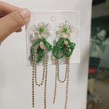 Daiiibabyyy  Sweet Clear Flower Green Crystal Tassel Long Earrings Women's Countryside Style Holiday Temperament Fashion Jewelry