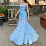 Daiiibabyyy  French Blue Floral Print Halter Dress Women Summer Beach Vacation Slimming Pure Desire Fish Tail Wrap Long Skirt Casual Gown