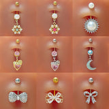 Daiiibabyyy Fashion Heart Crystal Pendant Belly Button Ring For Women Navel Piercings Bowknot Flower Belly Ring Body Piercing Jewelry