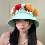 Daiiibabyyy  Breathable Sunscreen Basin Cap Adjustable French Fries Hamburger Fisherman Hat Plush Doll Lightweight Cartoon Sunshade Hat Kids