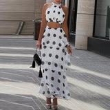 Daiiibabyyy  Women Elegant Luxury Slim 2Pc Suits Polka Dot Print Holiday Skirt Outfits Sexy Halter Sleeveless Top & Layered Ruffle Skirt Set