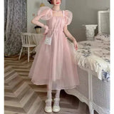DAIIIBABYYY  -  Japanese Fresh Sweet Lolita Summer New Spliced Square Collar Folds Bandage Fashion Slim Solid Casual Puff Sleeve Dresses