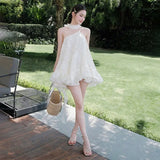 Daiiibabyyy  Vestidos De Mujer Sweet Jacquard Slip Dress Women Skew Collar A-line Summer Ruffled Robe Femme Backless Bandage Dresses